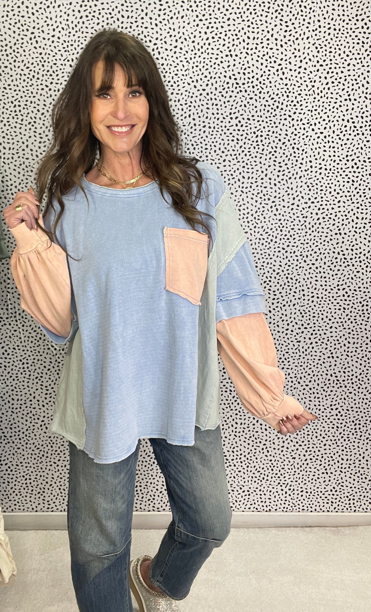 Peace Of You Back Patch Long Sleeve Top In Blue