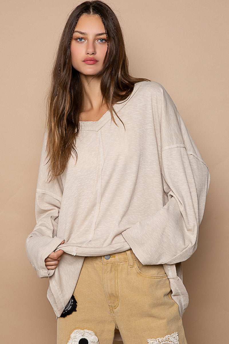 POL Staying True Long Sleeve Oversized Ribbed V Neck Knit Top In 2 Colors *Final Sale*