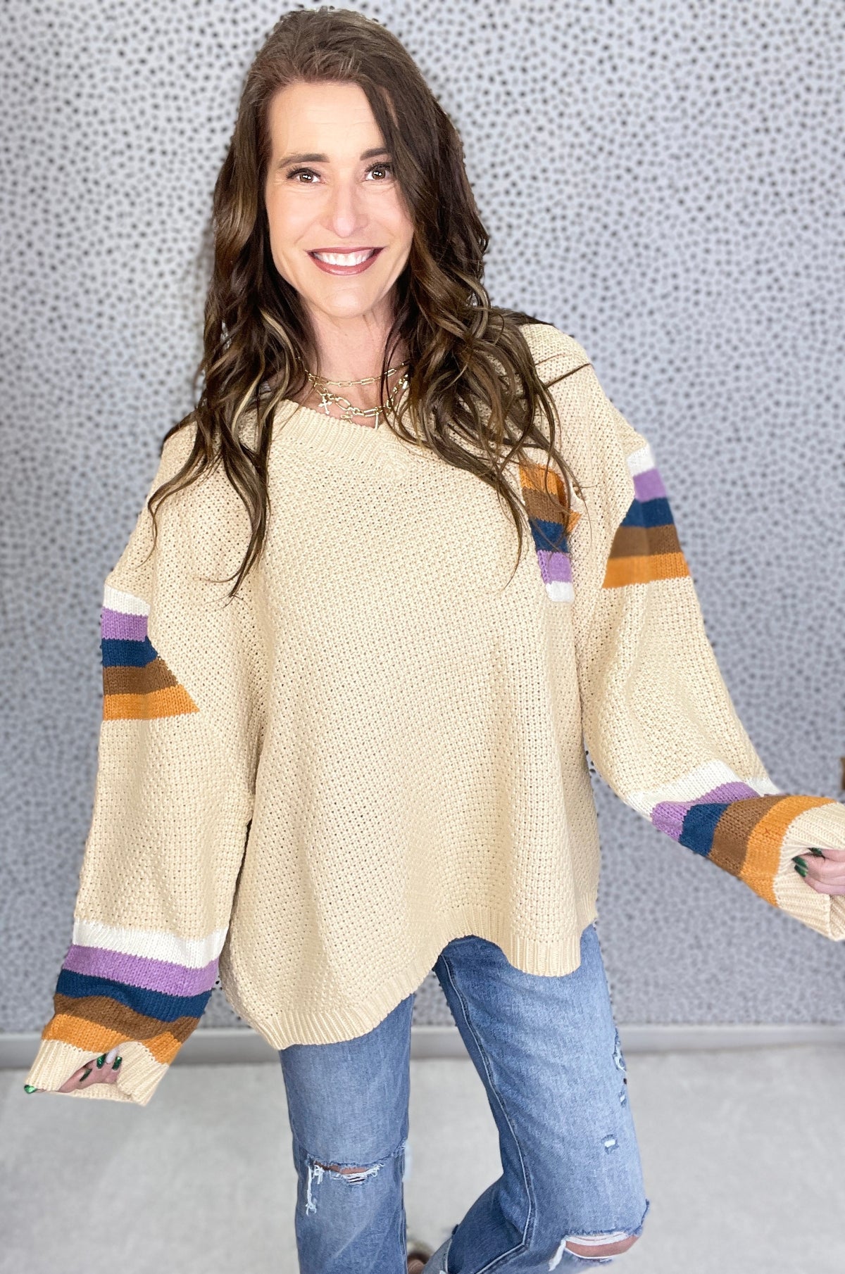 POL Slow Sunday Oversized Long Sleeve Sweater In Beige