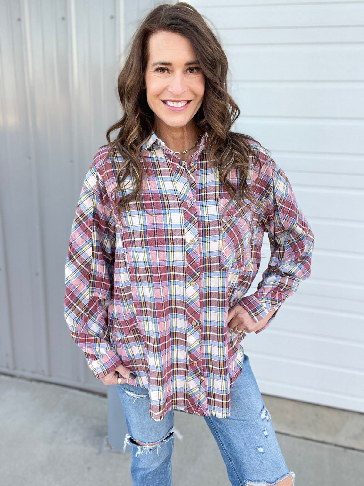 Fav All The Way Crinkled Plaid Button Front Shirt In 2 Colors