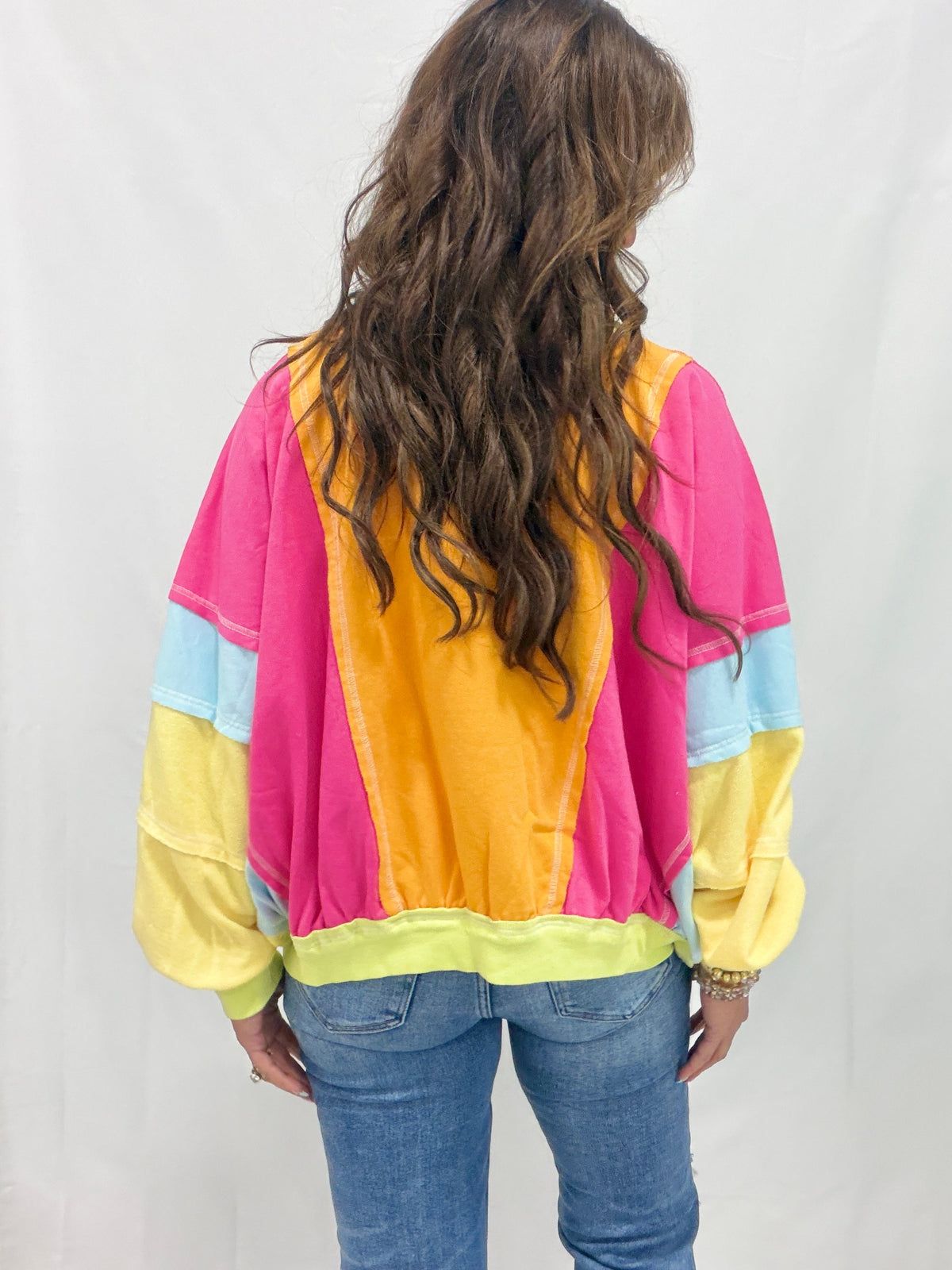 Comfy Babe Multi Color Yellow, Pink, Lime Raw Edge Terry Knit Pullover *Final Sale*