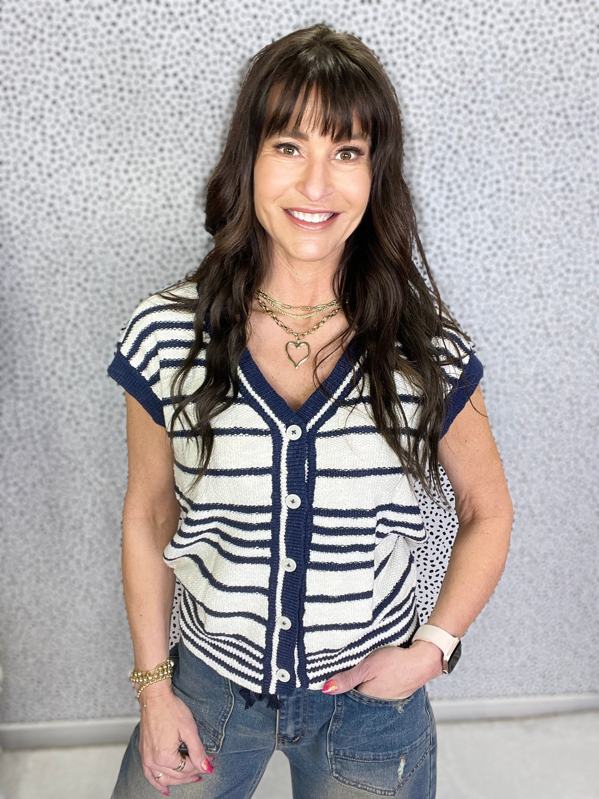 Gracie P Navy Stripe Loose Buttoned V Neck Sweater Vest