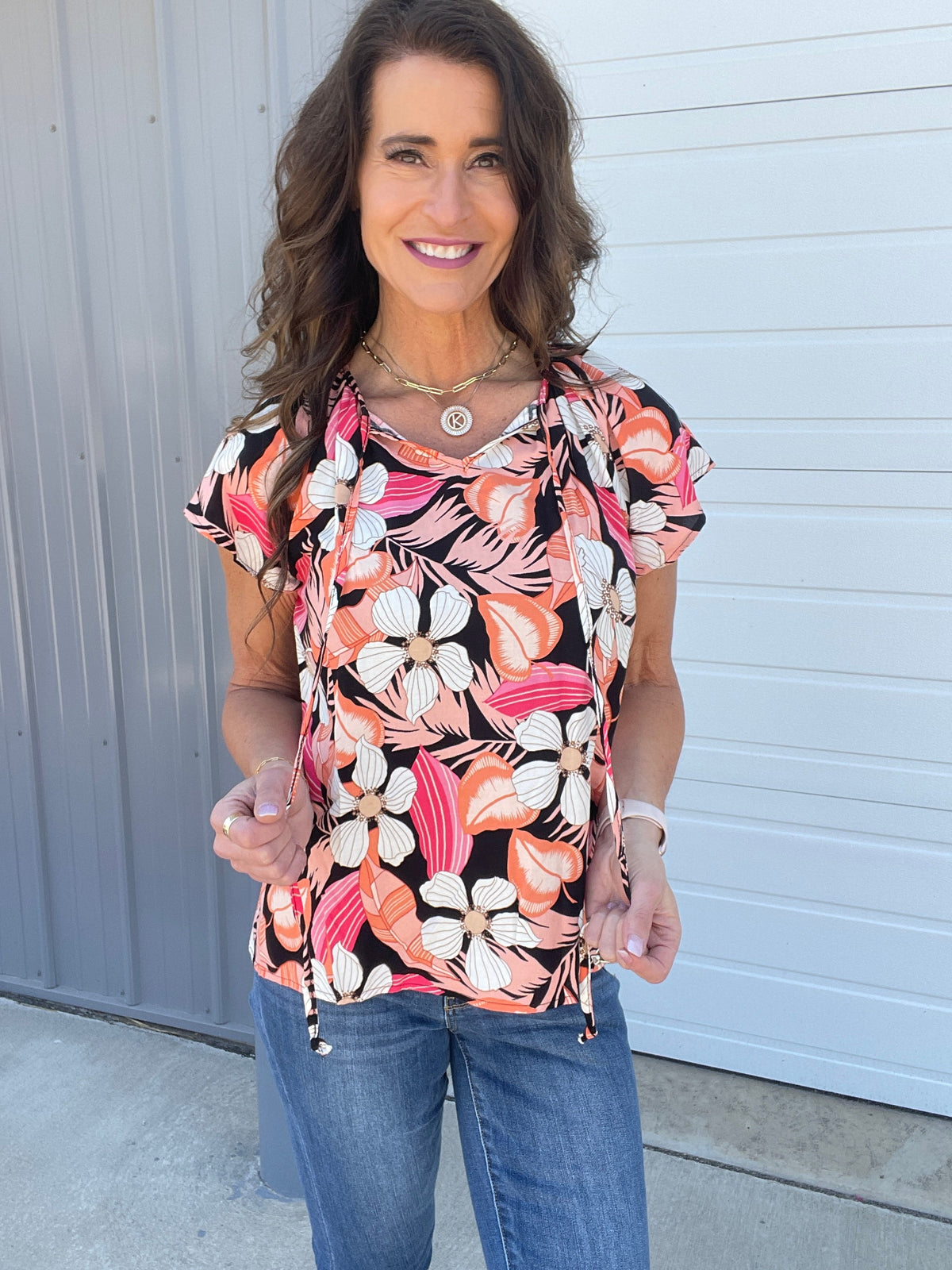 Flower Show Front Tie Raglan Sleeve Top
