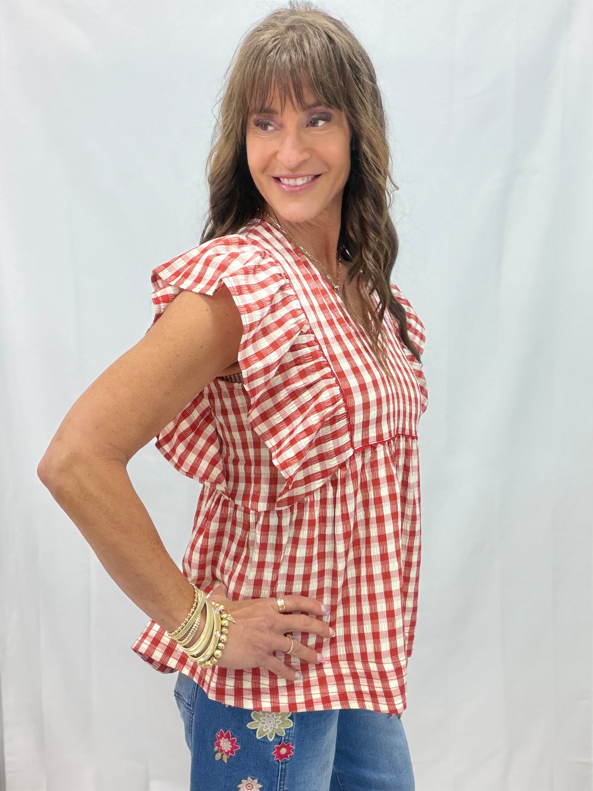 Find The Clues Gingham Babydoll Top In Red