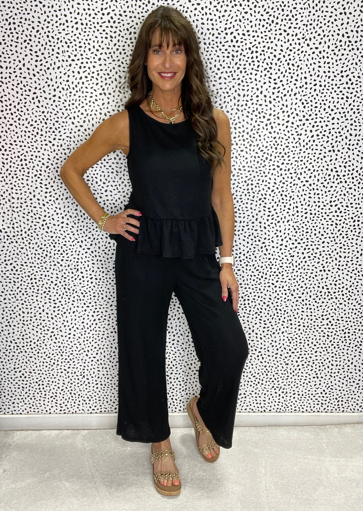 Gracie P Black Solid Color Ribbed Ruffle Tank Top and Pants Set *Final Sale*