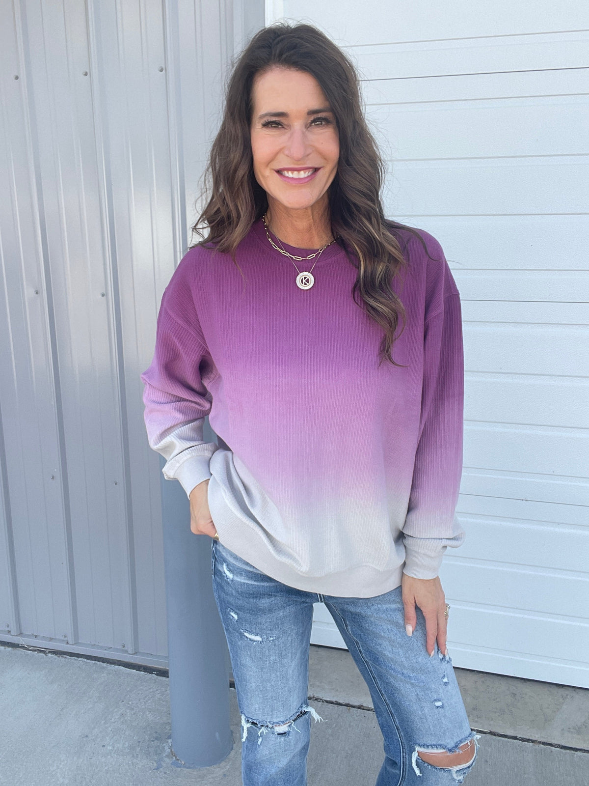 Ombre Plum Ice Snow Washed Corded Crewneck Pullover Sweatshirt *Final Sale*