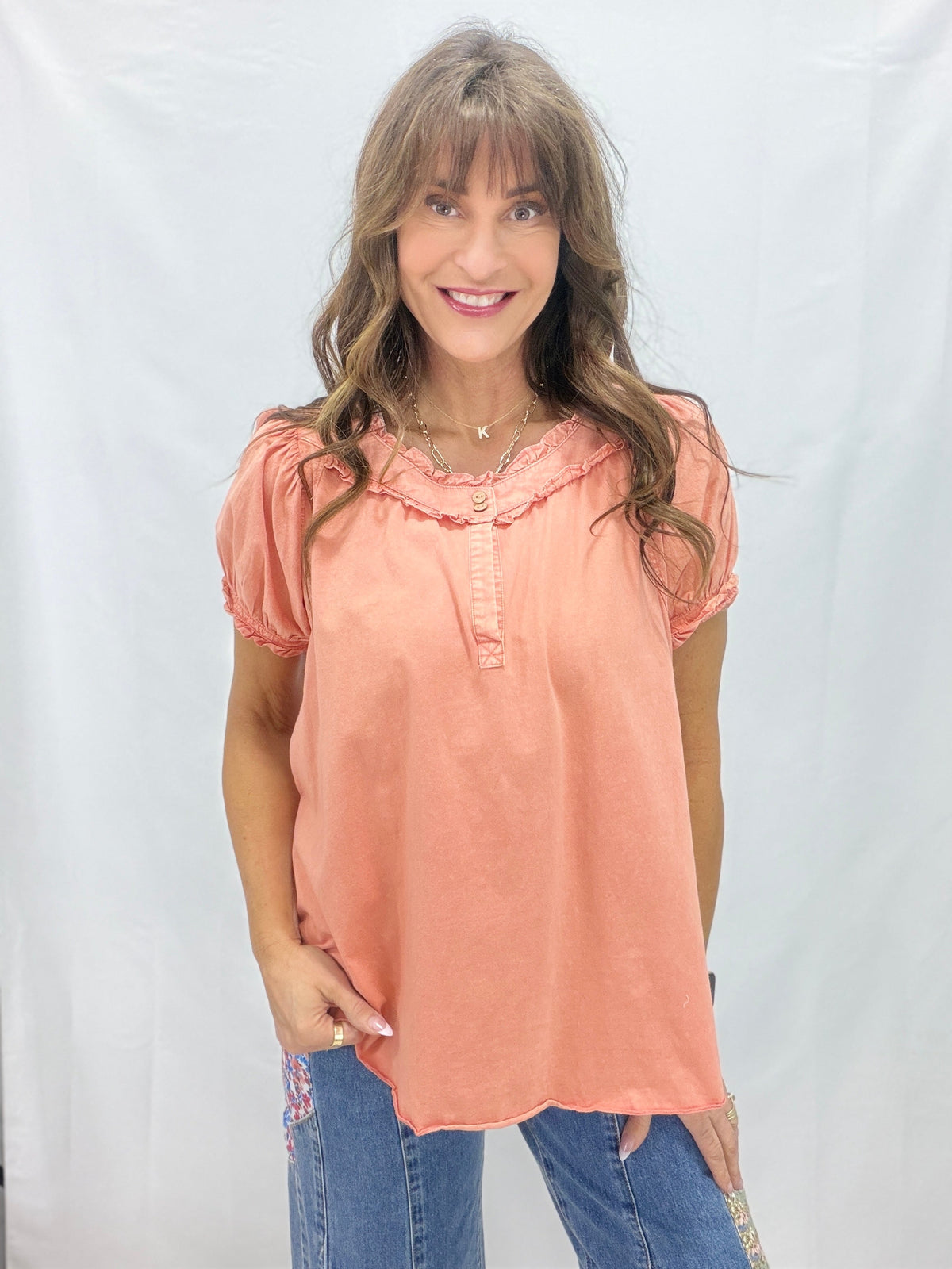 Ruffle Mineral Wash Top In 2 Colors