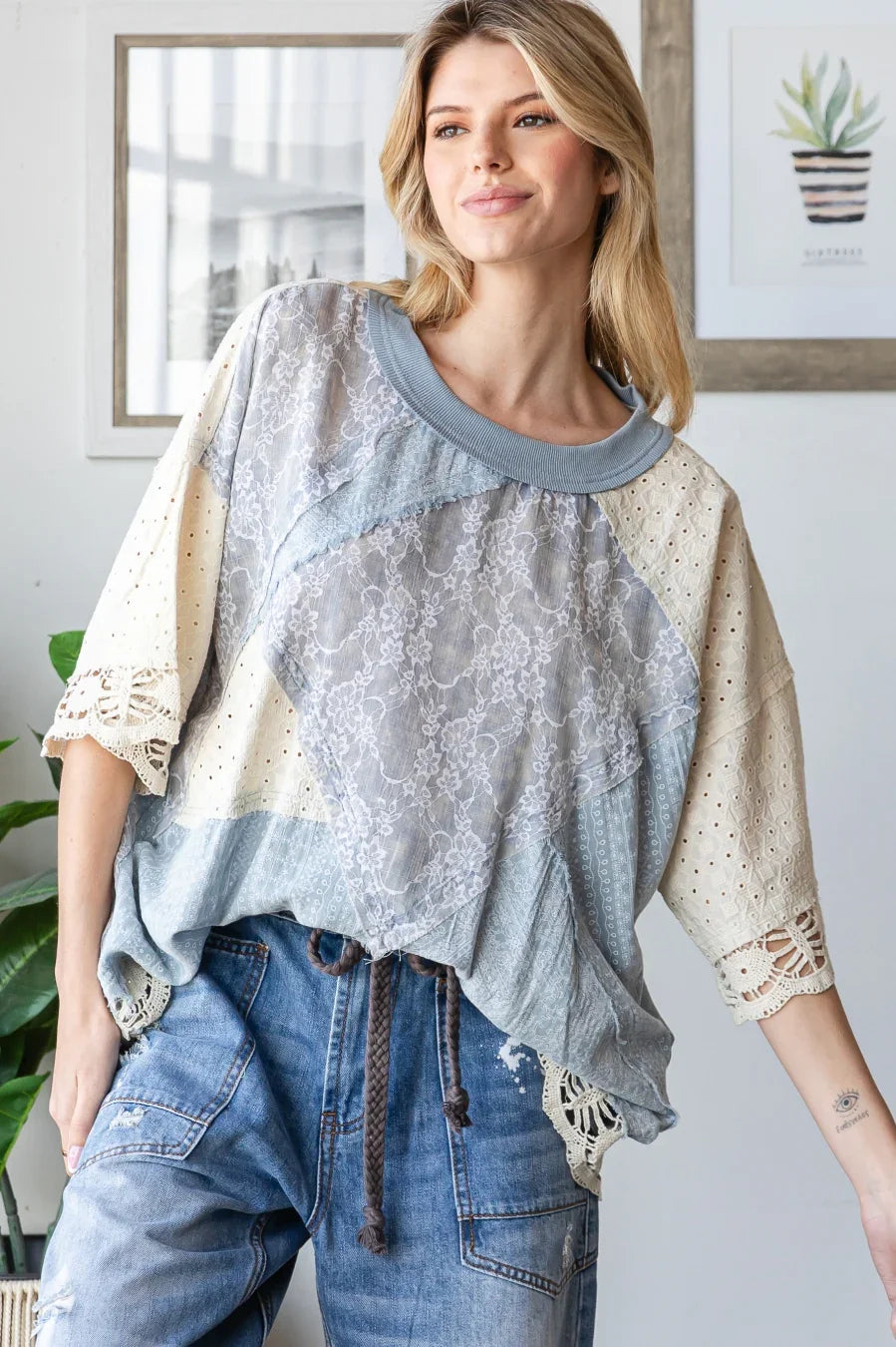 Oli & Hali Washed Fabric Mix Top *Final Sale*