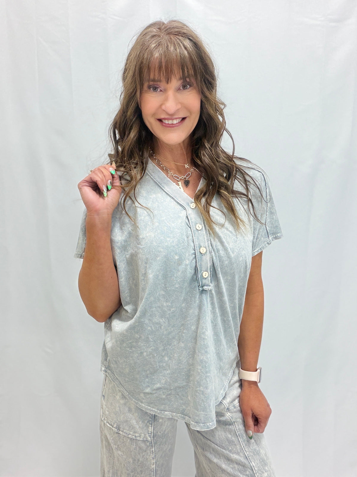 So Effortless V-Neck Button Detail Top In 4 Colors