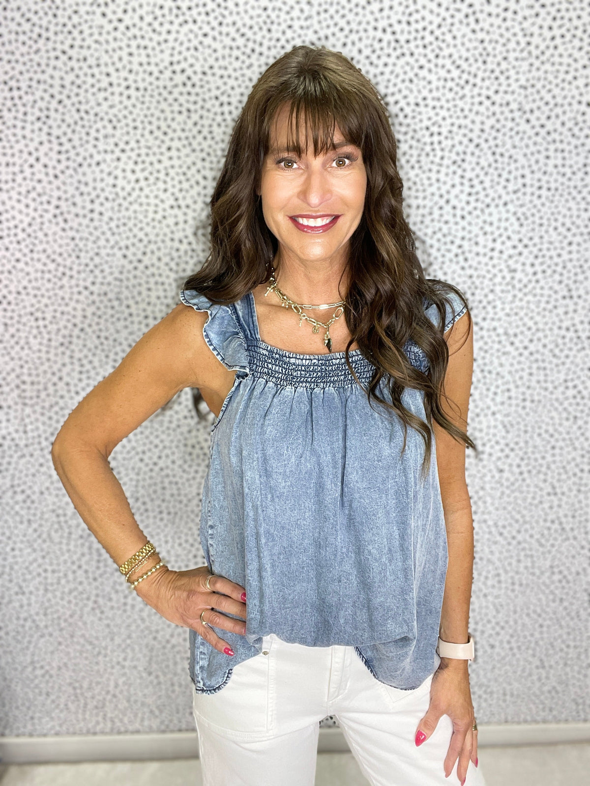Gracie P Chambray Ruffled Shirred Neckline Sleeveless Denim Tank Top *Final Sale*
