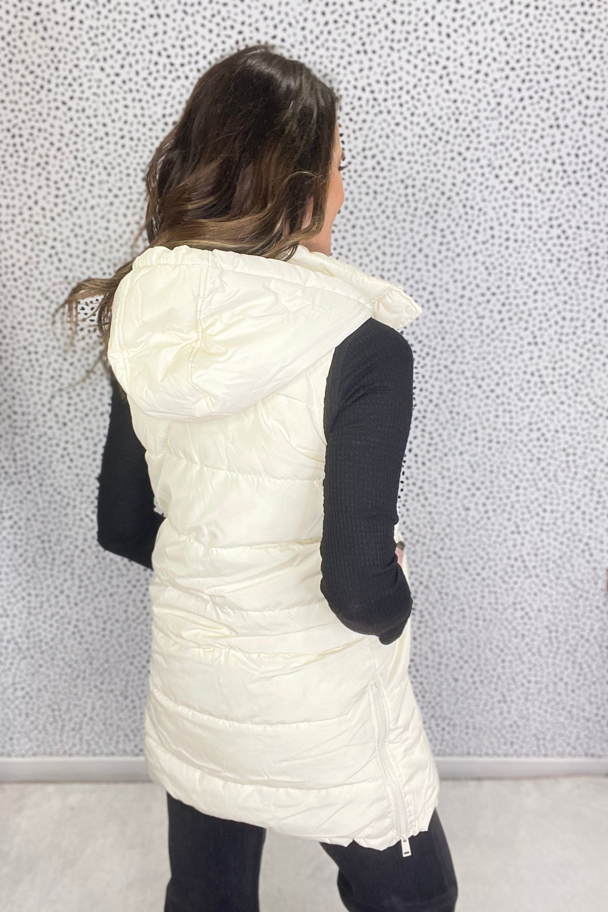 Follow Me Long Puffer Hooded Lined Vest In Ivory *Final Sale*