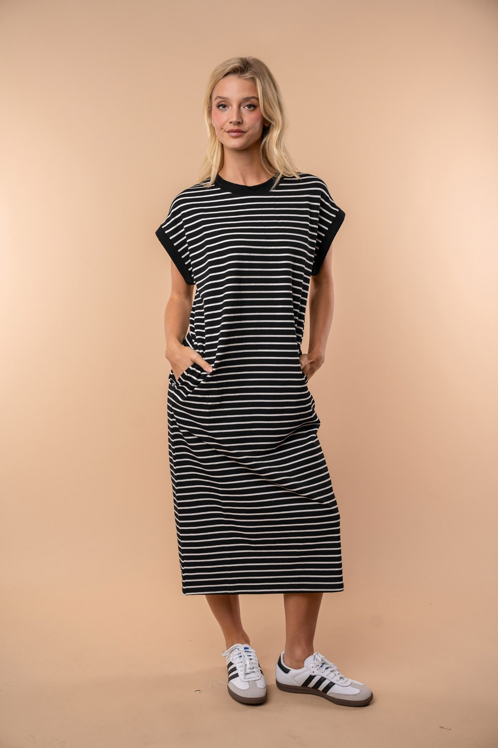 Dare To Be Short Sleeve Striped Knit Dress In Black *Final Sale*