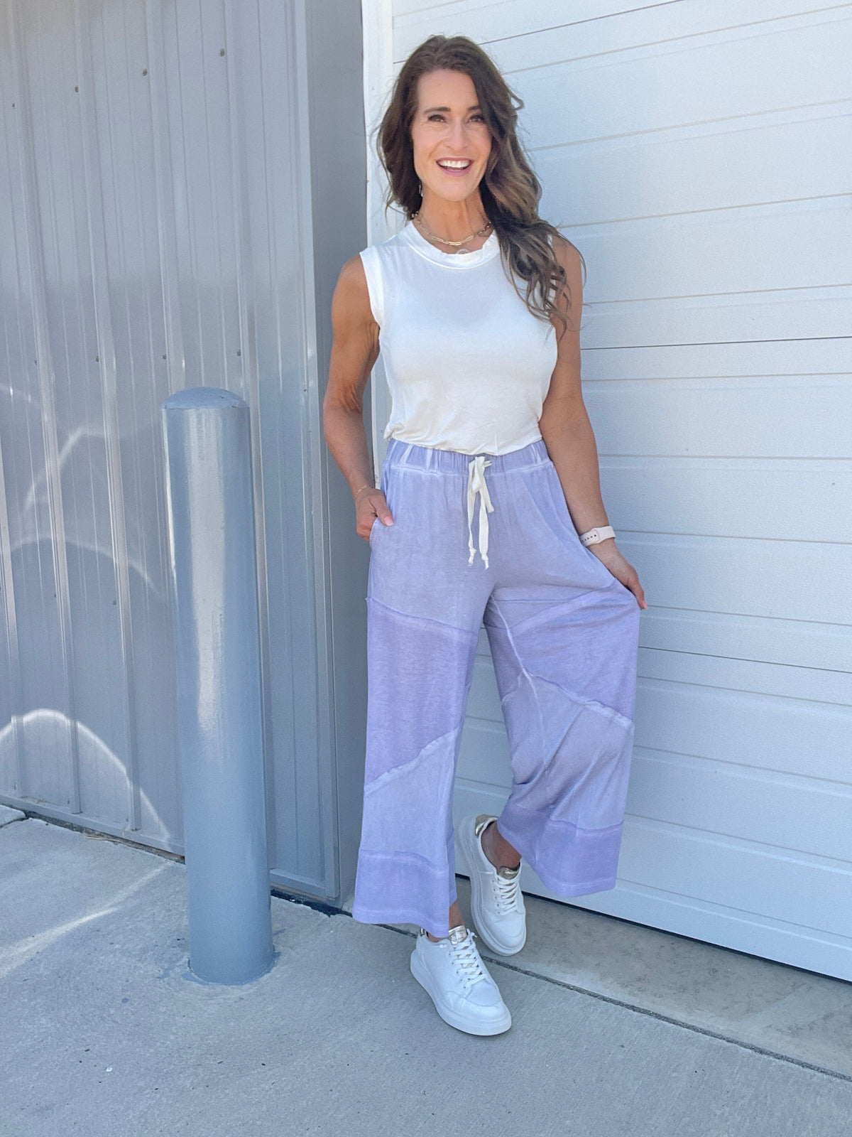 Pol Play Date Loose Wide Leg Cropped Pants In 7 Colors: Aqua, Lilac, Grey, Pink, Beige, Black, Desert Sage *Final Sale*