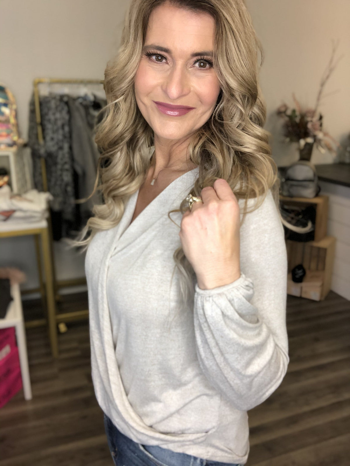 Cross Over Delight Bloused Hem Top Oatmeal *Final Sale*