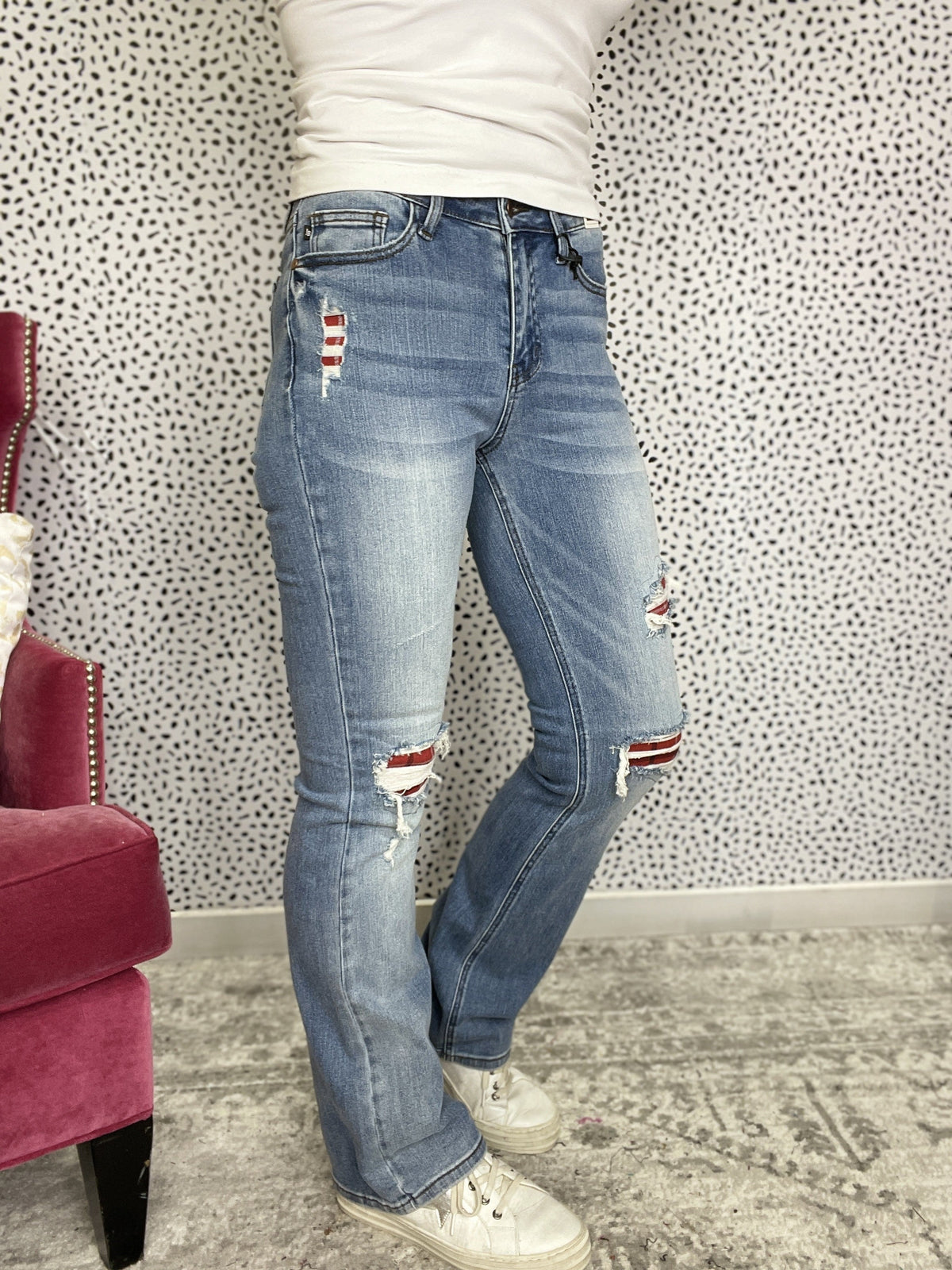 Judy Blue Holly Plaid Patch Boot Cut Jeans 696