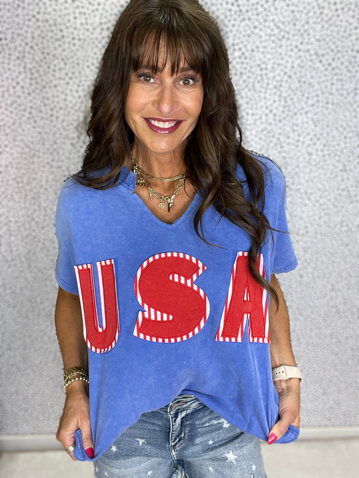 Gracie P Sky Blue USA Patch Mineral Wash Notch V Neck Vintage Graphic T Shirt
