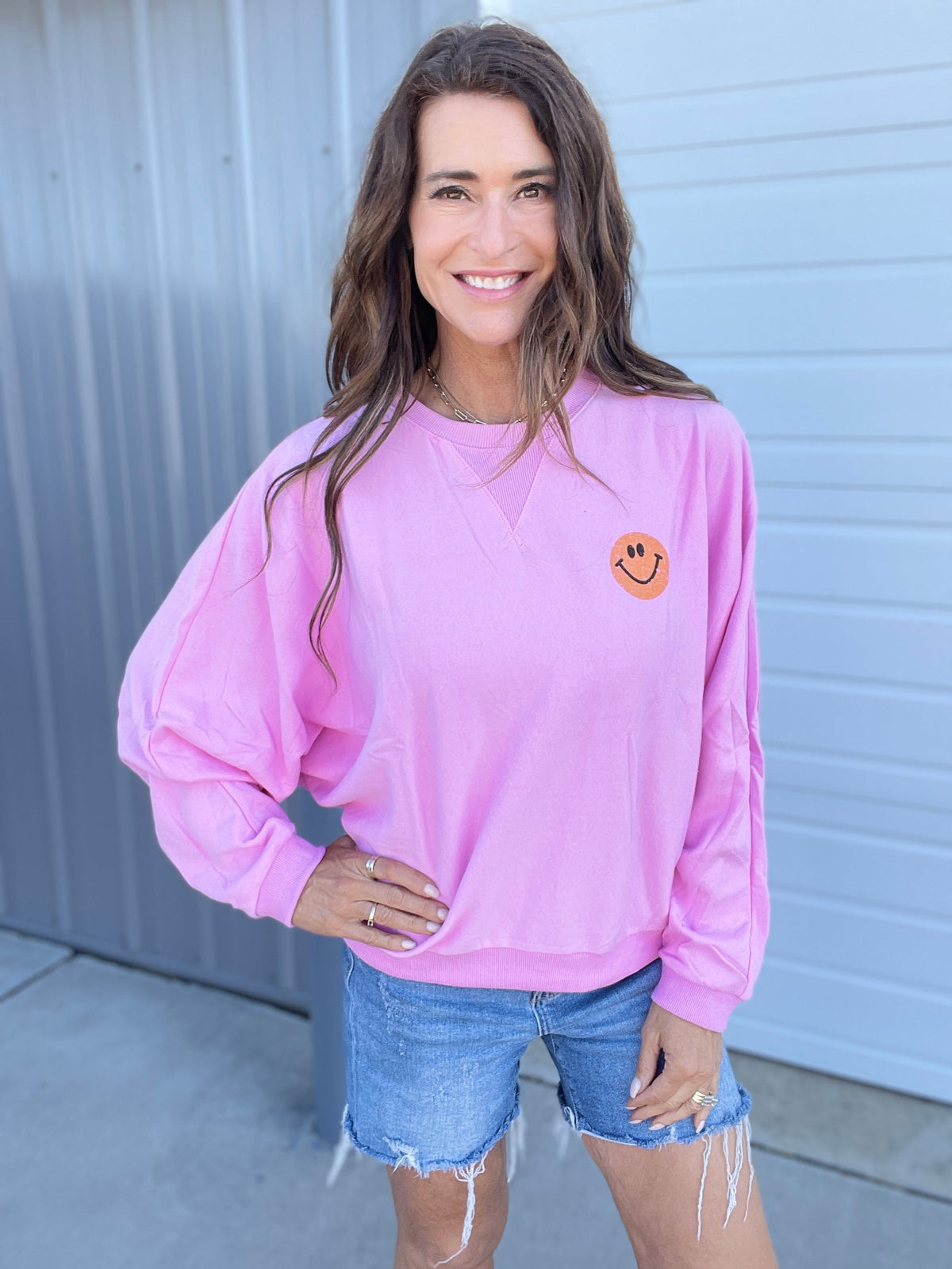 Charming Smile Relaxed Terry Pullover In 3 Colors: Pink, Grey, Blue *Final Sale*
