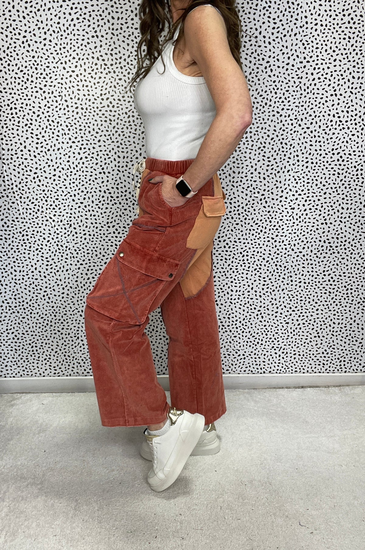POL Spaced Out Color Block Cargo Pockets Pants In Brick *Final Sale*