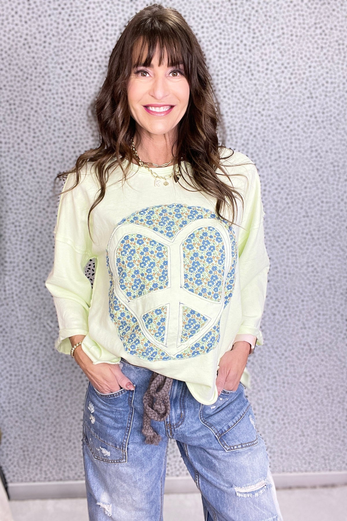 Tranquility Peace Sign Mineral Washed Terry Knit Top In 3 Colors