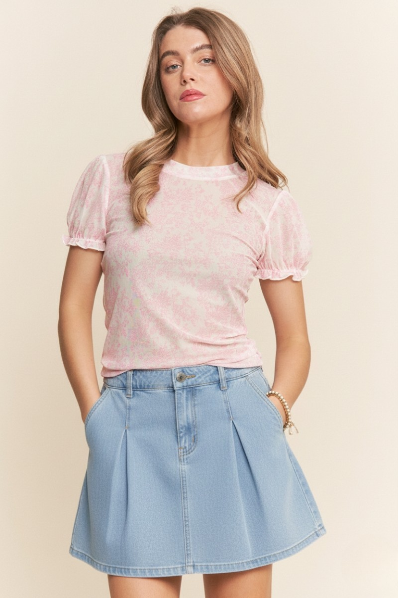 Multi Print Mesh Short Sleeve Top In 2 Colors