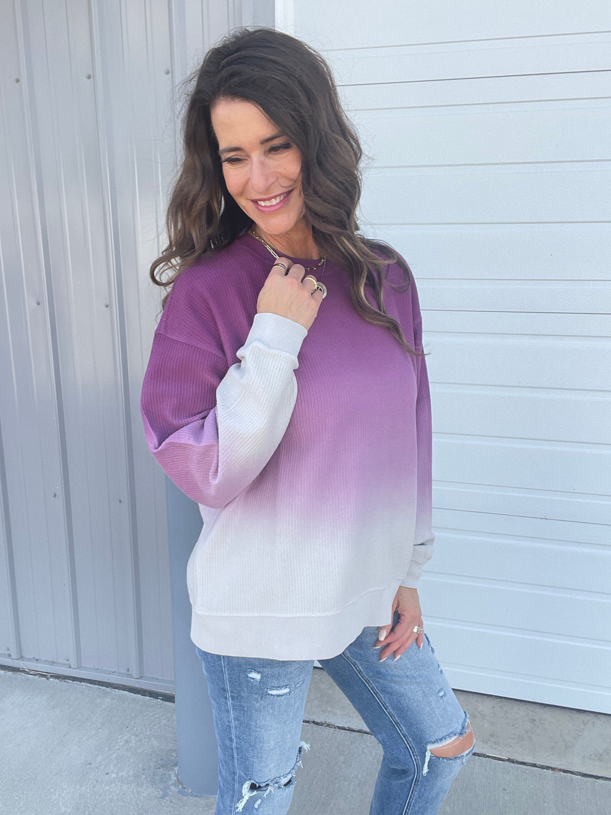 Ombre Plum Ice Snow Washed Corded Crewneck Pullover Sweatshirt *Final Sale*