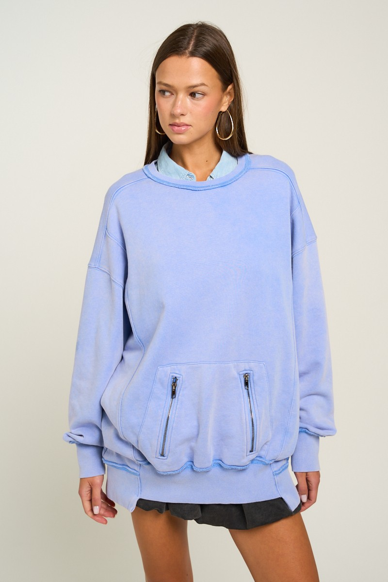 Washed Zipper Pocket Crewneck In 2 Colors