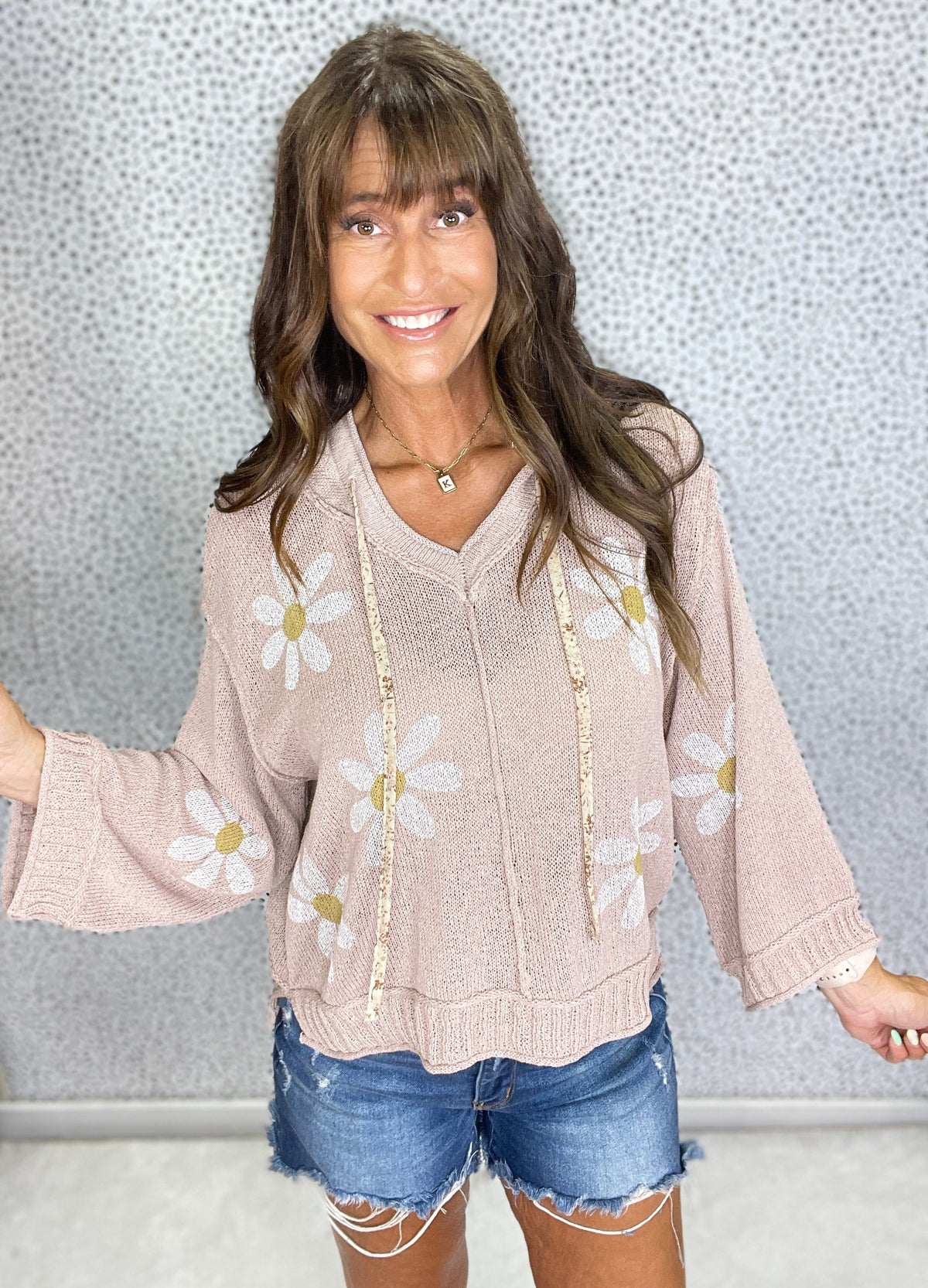 POL Summer Flower Lightweight Sweater Hoodie in Taupe