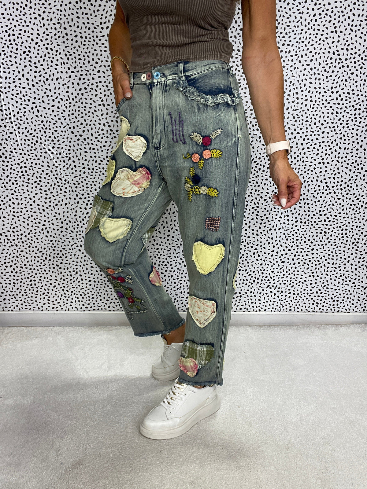 Multi Hearts Patch Work Pants In 2 Colors