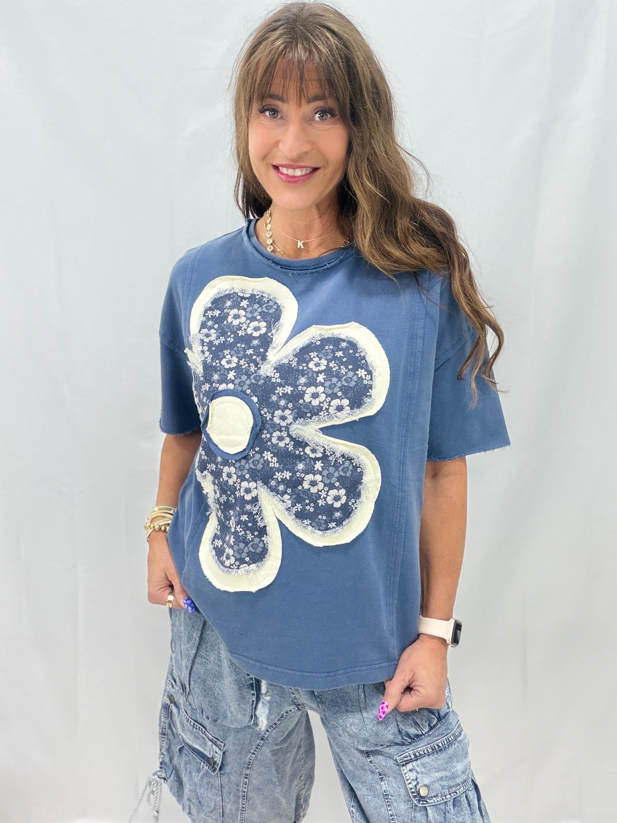 Down For The Chase Floral Patch Top In Denim
