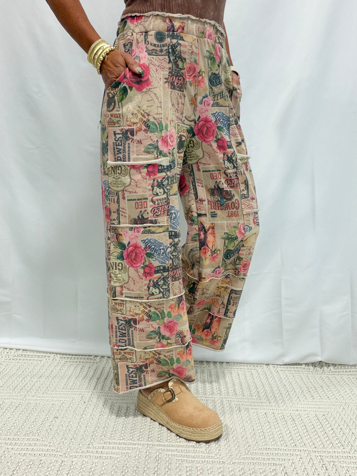 In The Wild West Vintage-Inspired Collage Lounge Pants In Taupe Multi