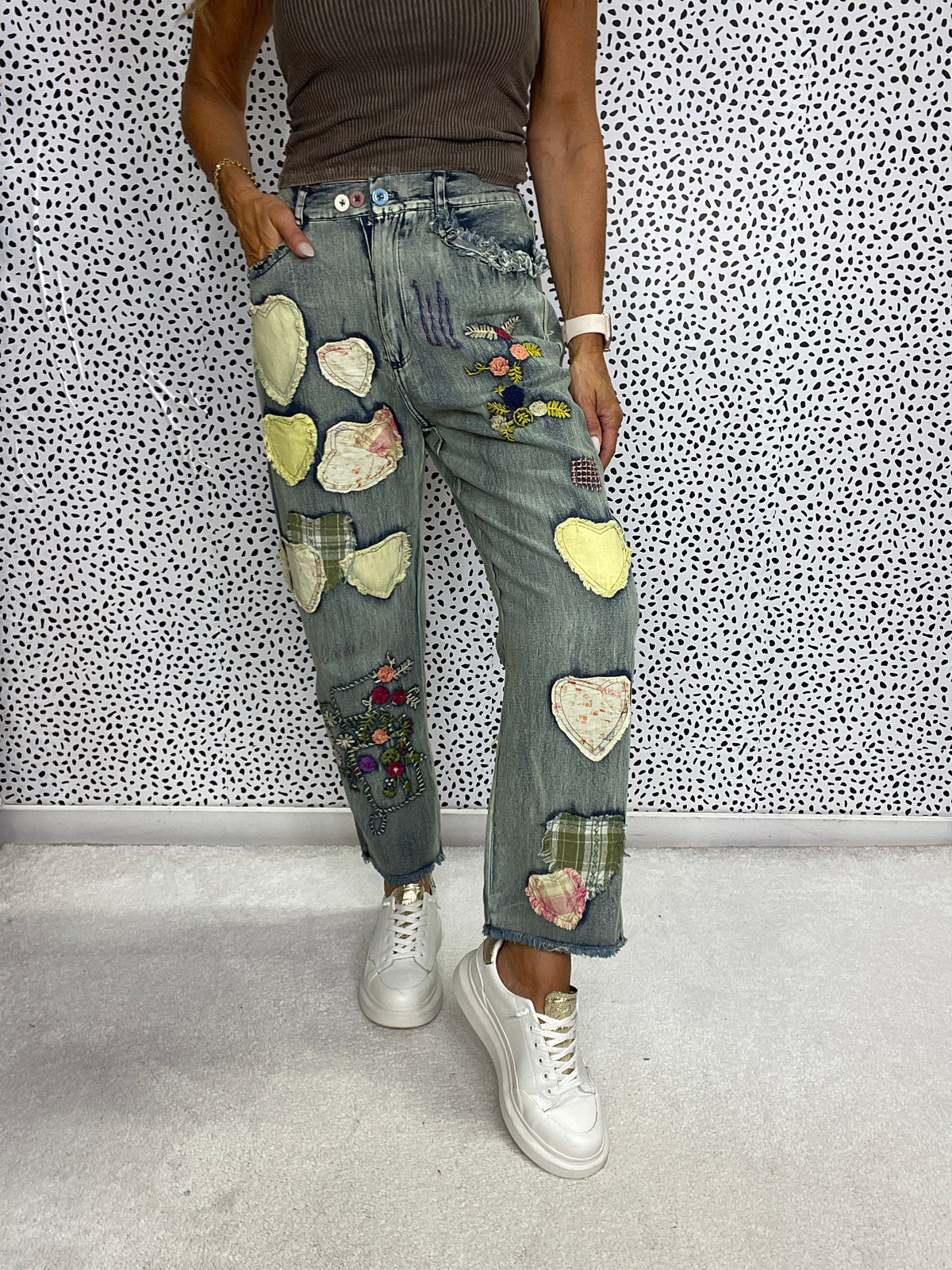 Multi Hearts Patch Work Pants In 2 Colors