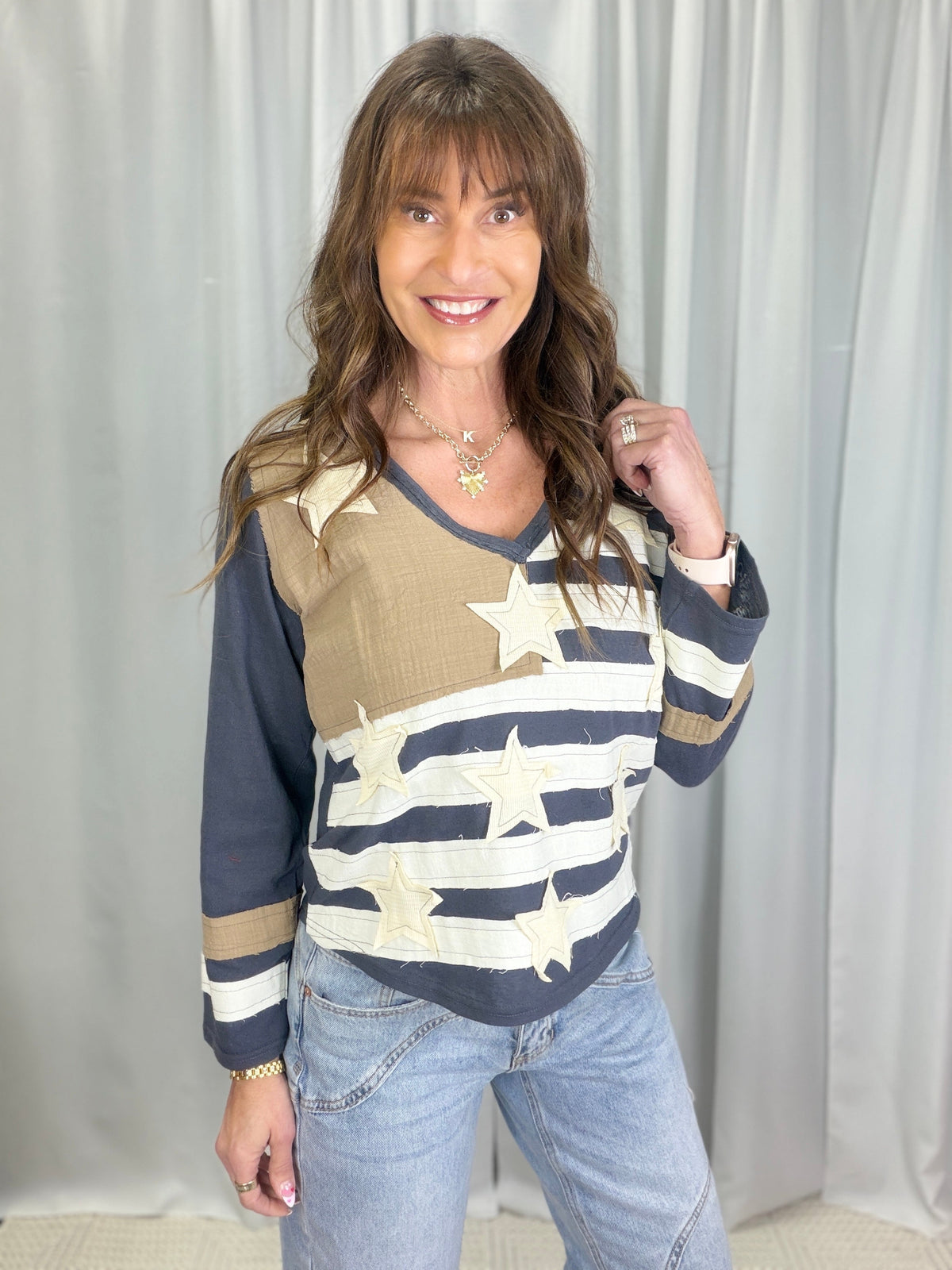 POL Born To Shine Flag Patch Top In 2 Colors