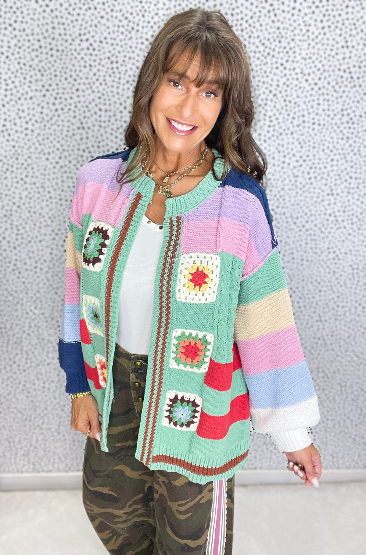 POL Retro Charm Balloon Sleeve Cardigan In Green