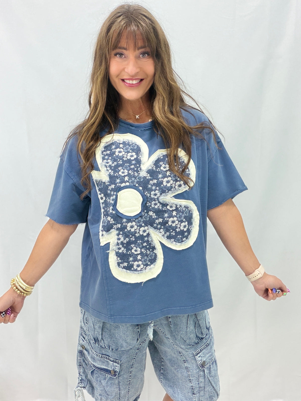 Down For The Chase Floral Patch Top In Denim