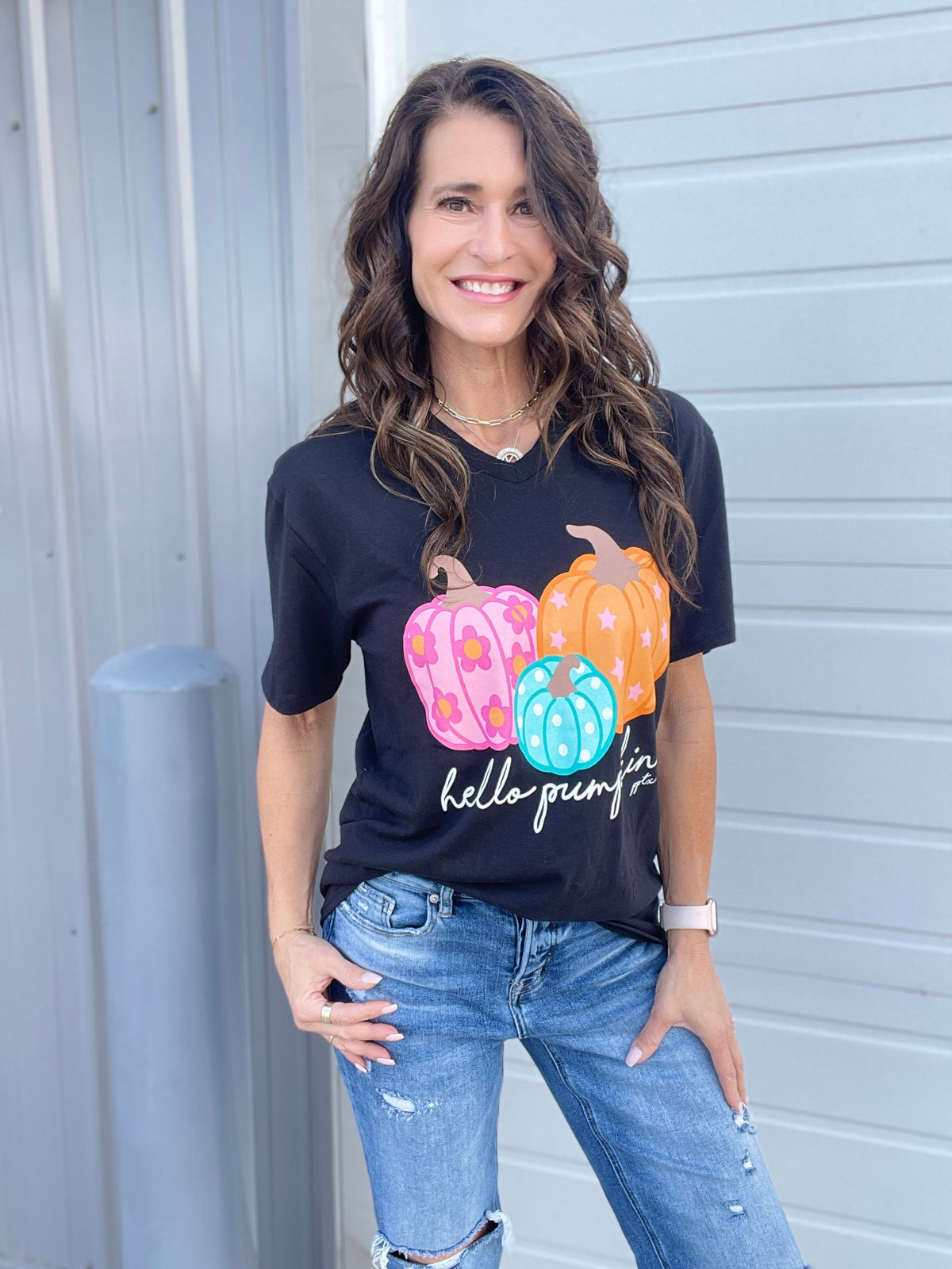 Hello Pumpkin Graphic V Neck Tee Shirt *Final Sale*