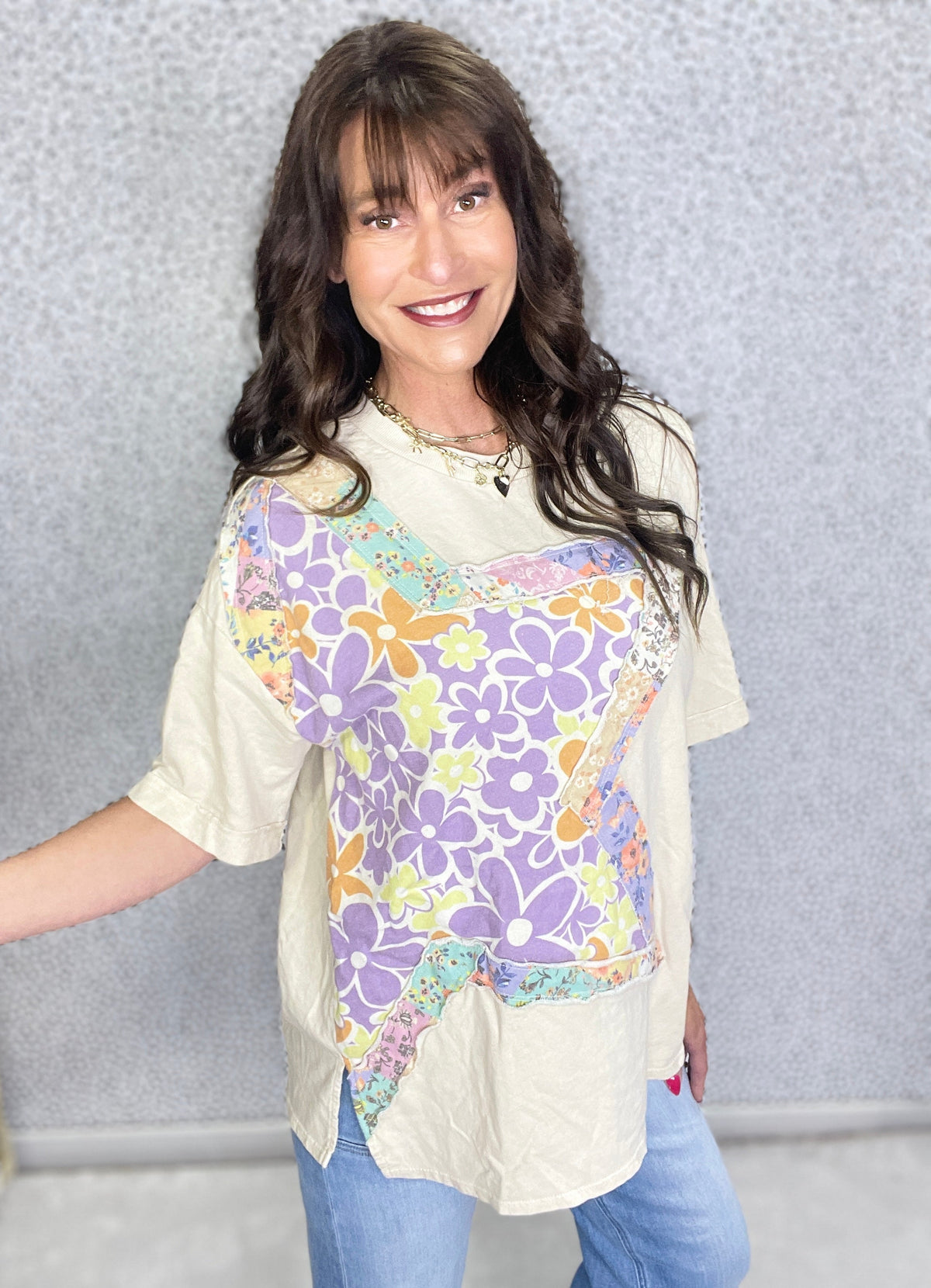Starry Bloom Mineral Wash Star Floral Patch Tee In 4 Colors