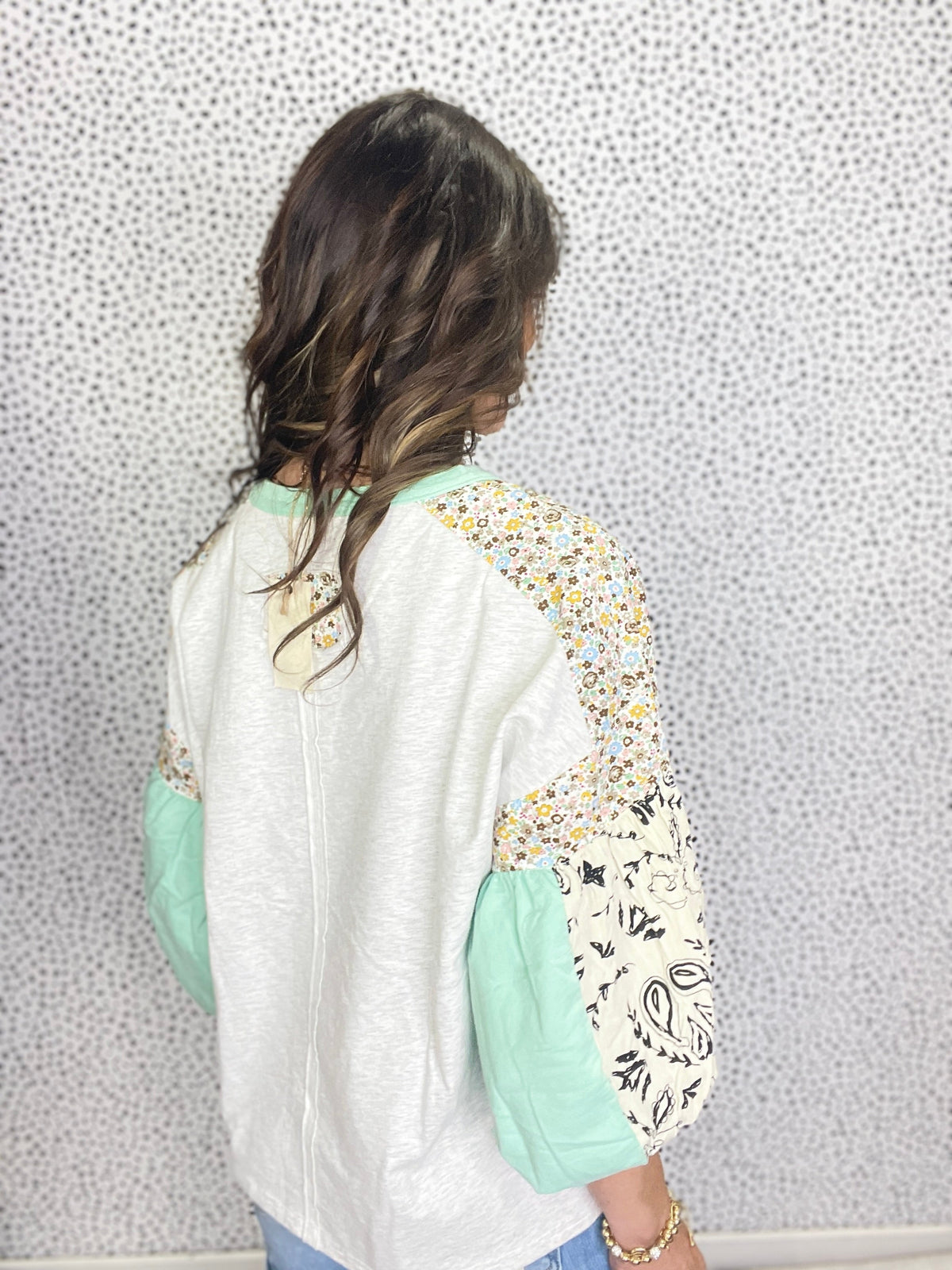 Floral Fusion Print Mix Flower Patch Soft Washed Knit Top In 3 Colors