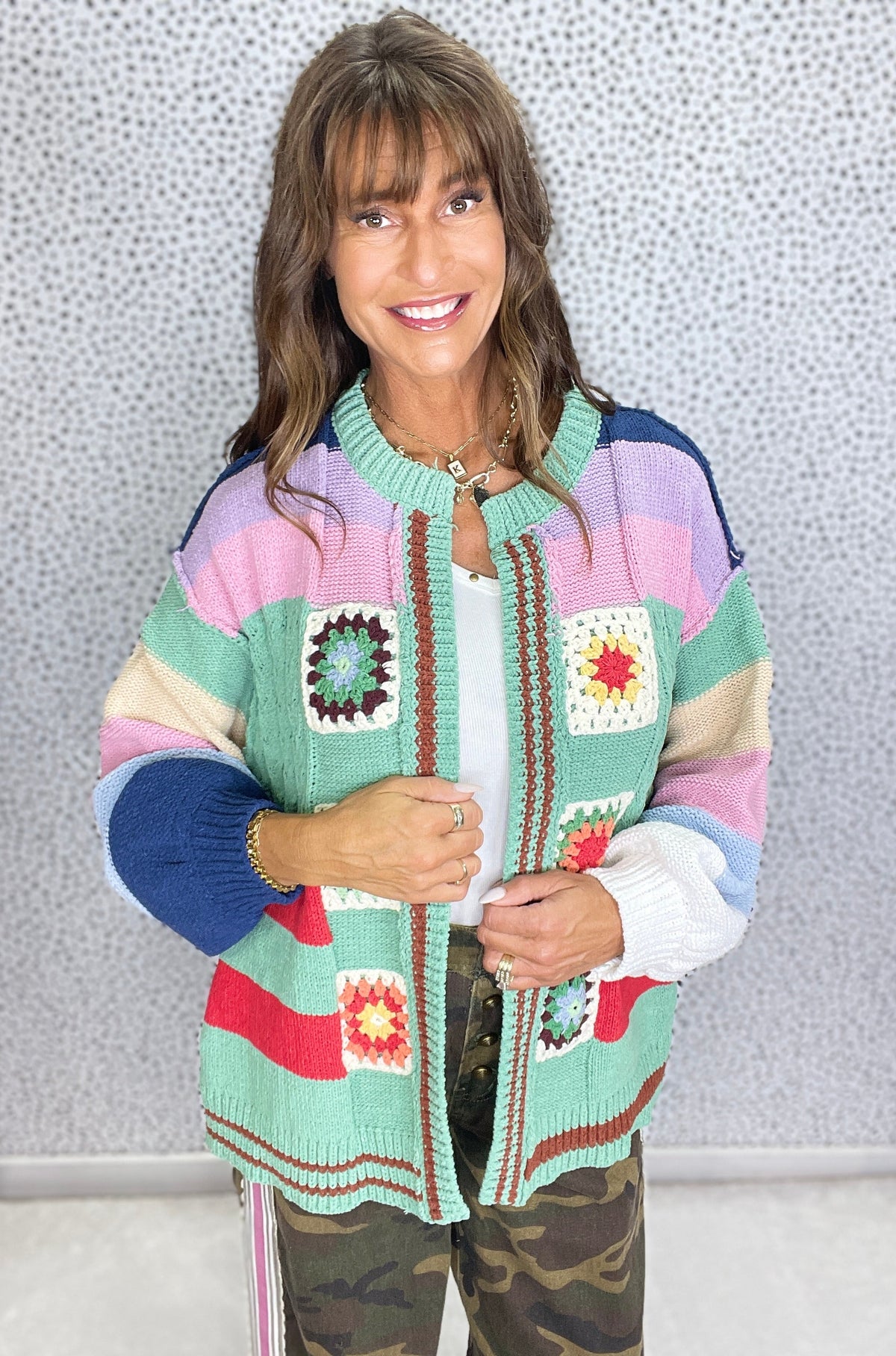 POL Retro Charm Balloon Sleeve Cardigan In Green