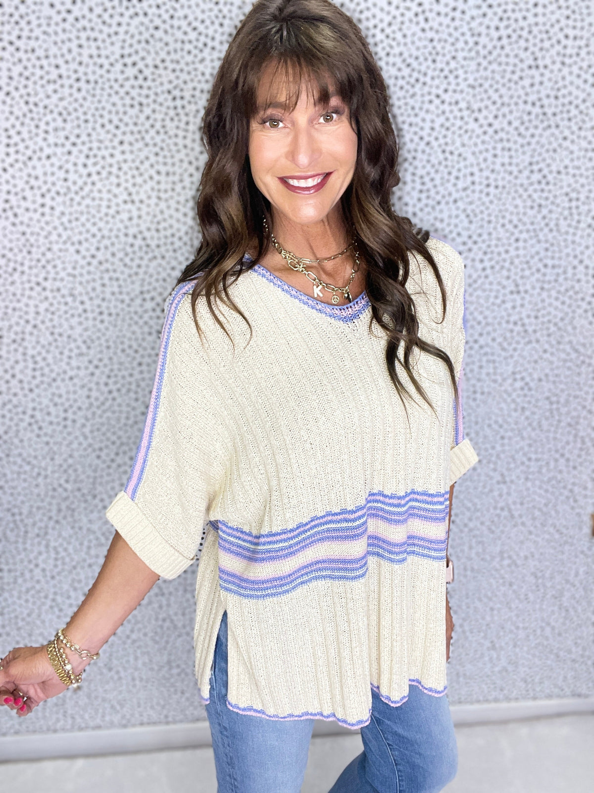 Vivid Valley V-Neck Short Sleeve Sweater Top In 2 Colors *Final Sale*