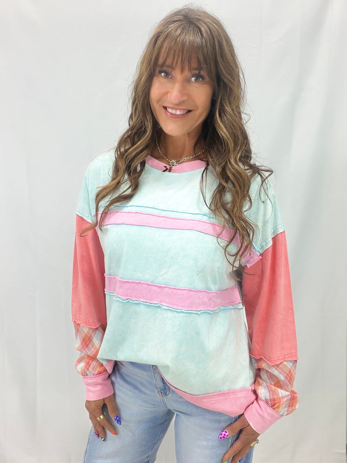 In And Out Of The Beams Plaid Patchwork Top In Multi