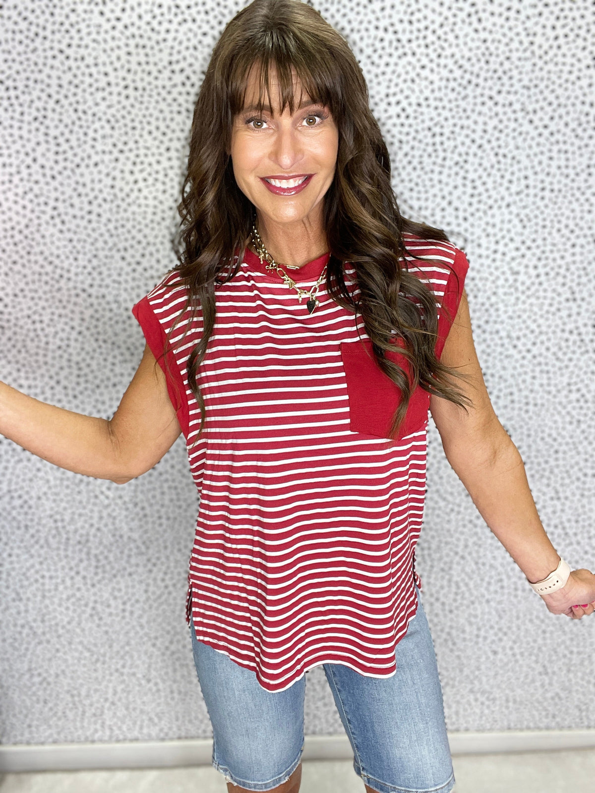 Gracie P Stripe Pocket Patch Round Neck Sleeveless Top in 2 Colors