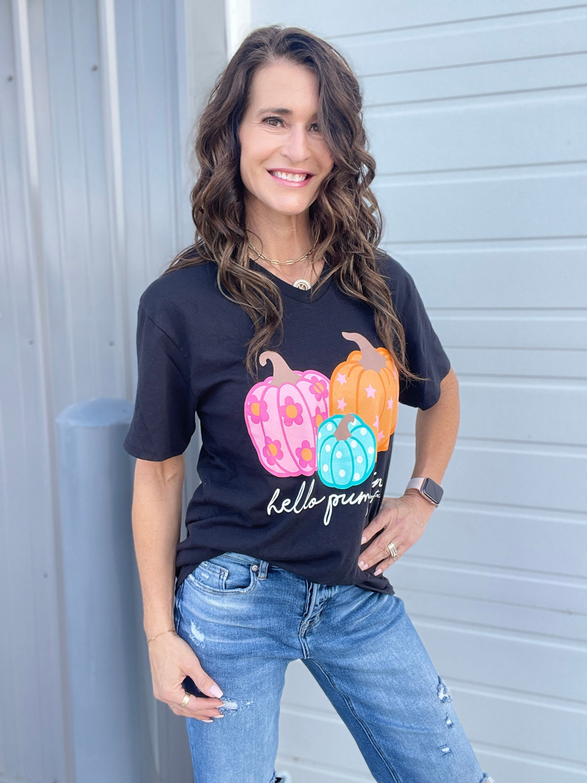 Hello Pumpkin Graphic V Neck Tee Shirt *Final Sale*