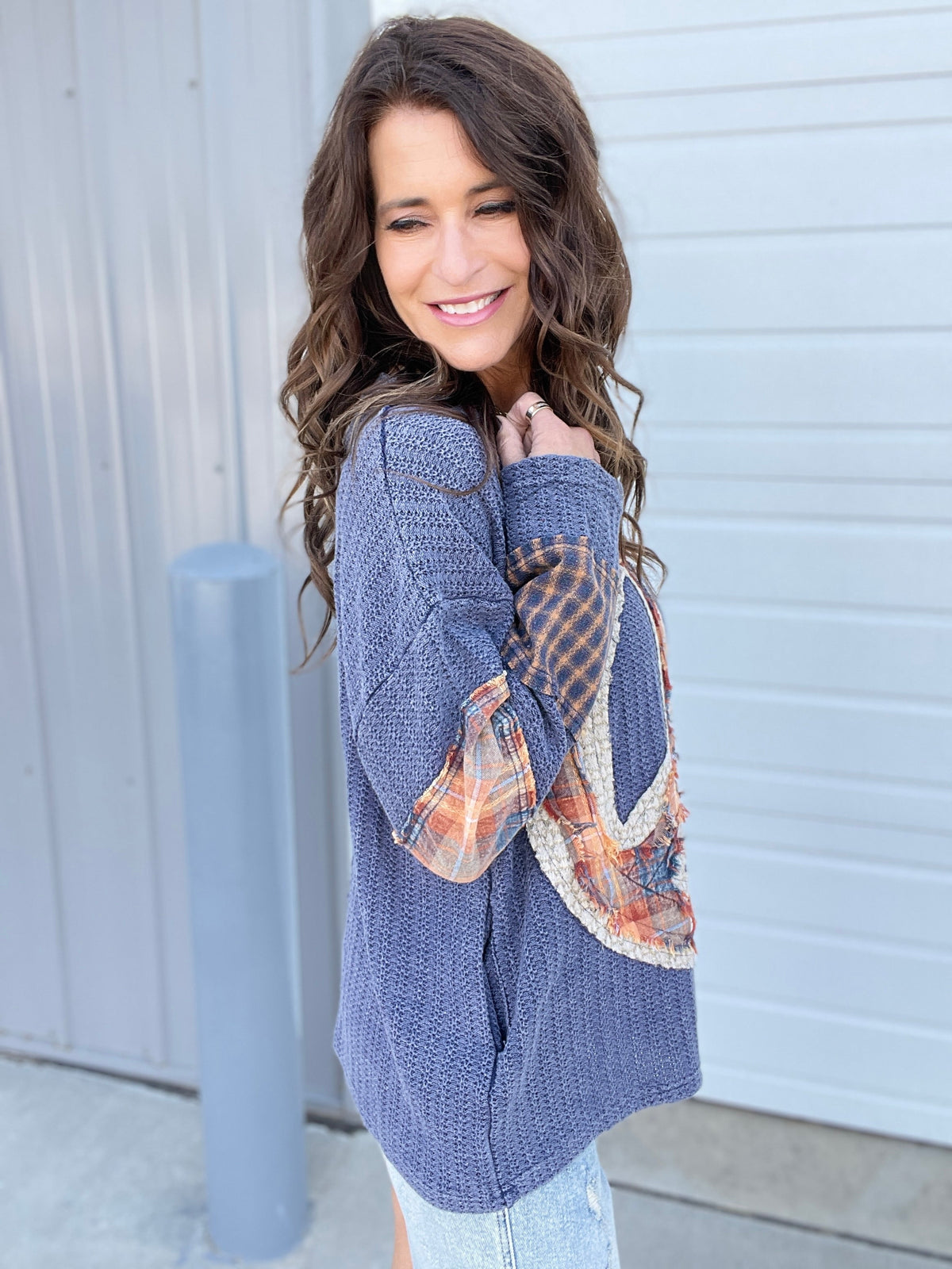 Oli & Hali Nothing But Peace Plaid Mix Long Sleeve Top In 2 Colors: Navy, Creme *Final Sale*