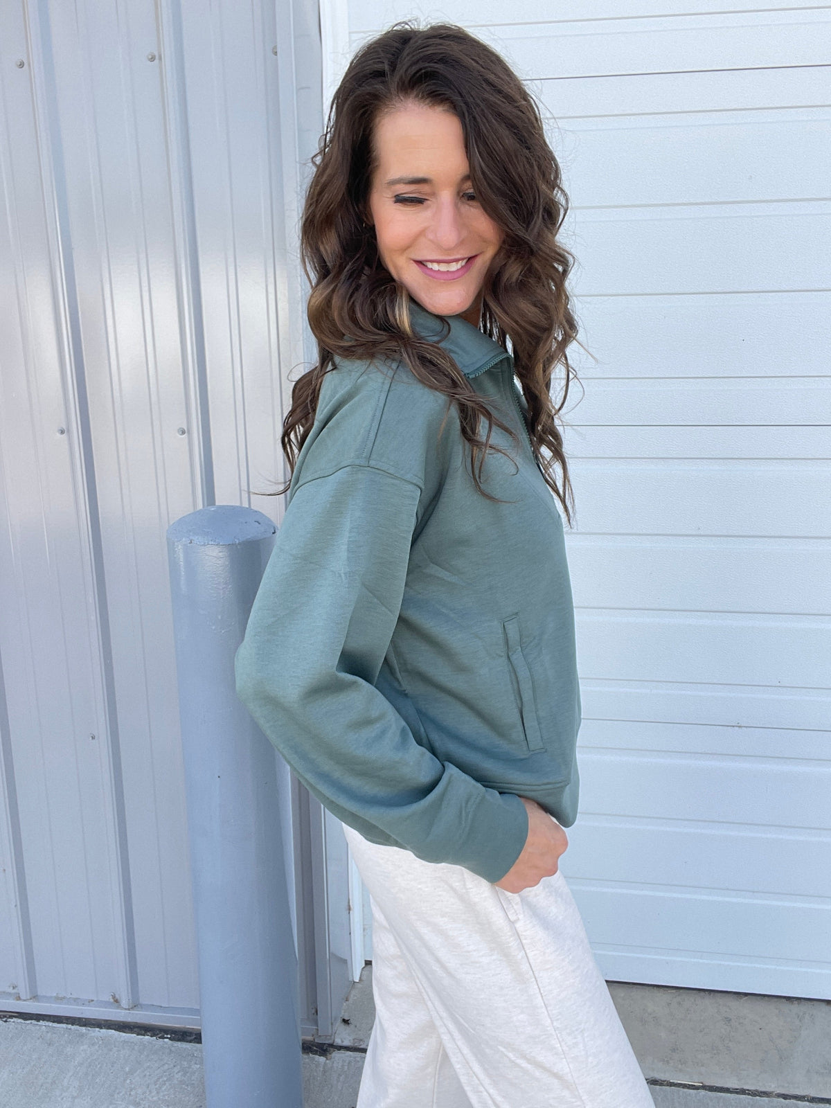 Clearing The Air Scuba Half Zip Pullover In 3 Colors: Beige, Green, Blue Grey *Final Sale*