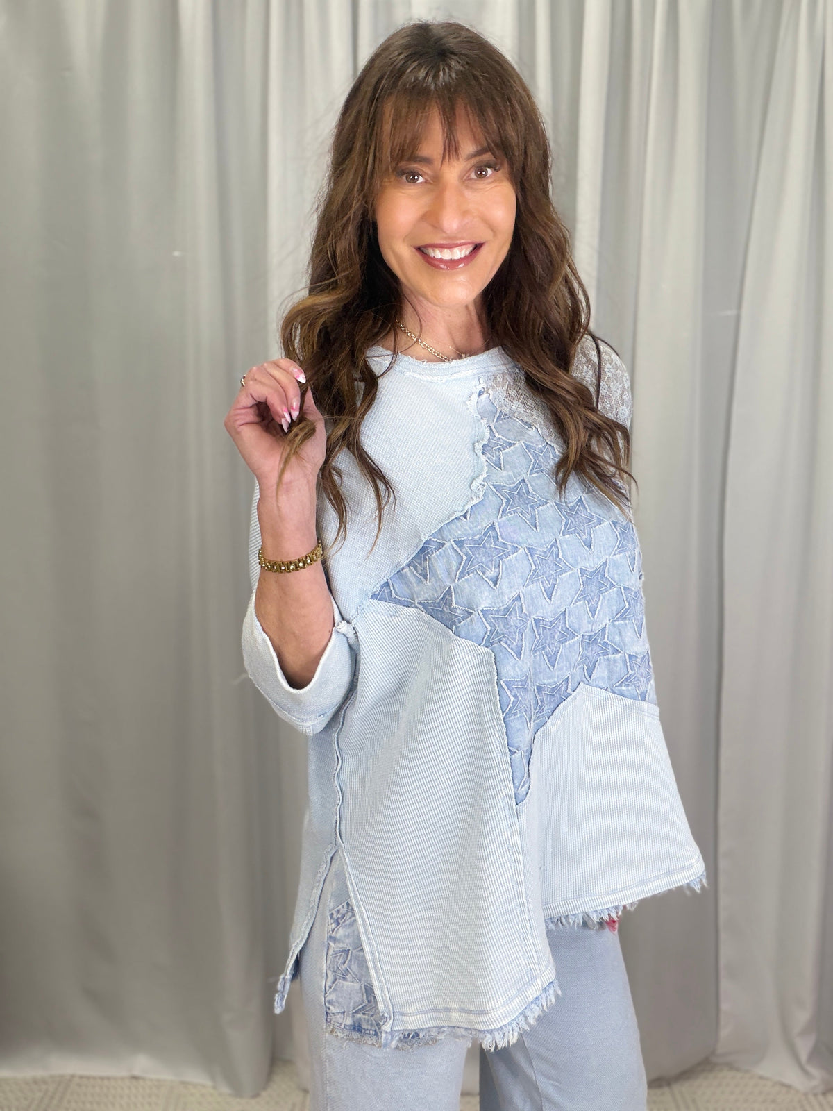 Star Patchwork Quarter Sleeve Top In 3 Colors