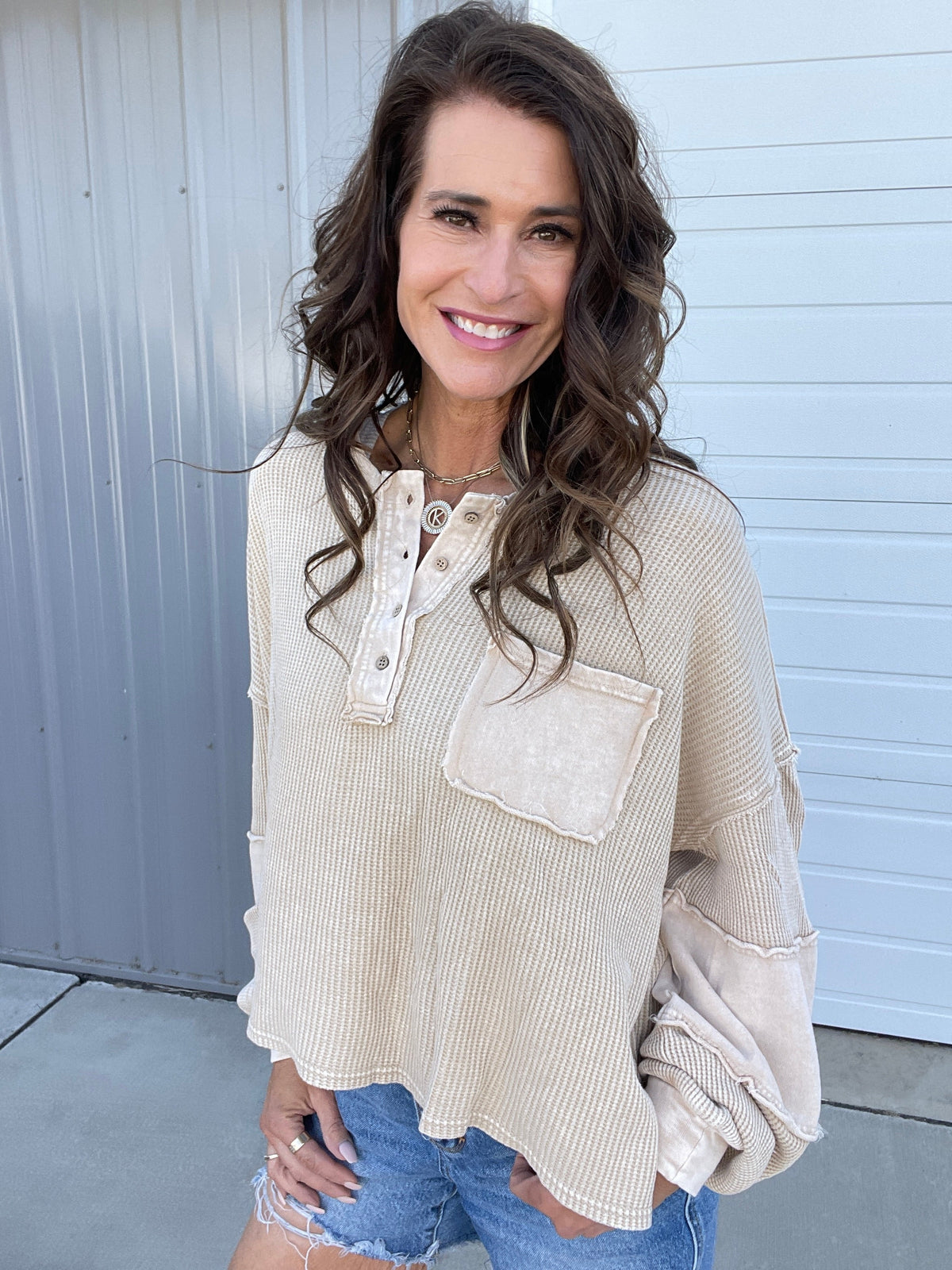 Step Right Up Thermal Mix Top In 3 Colors: Brown, Rose, Khaki *Final Sale*