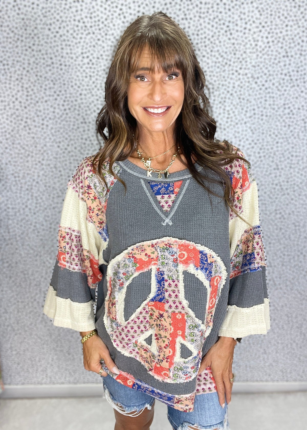POL Patchwork Peace Times Top In Charcoal *Final Sale*