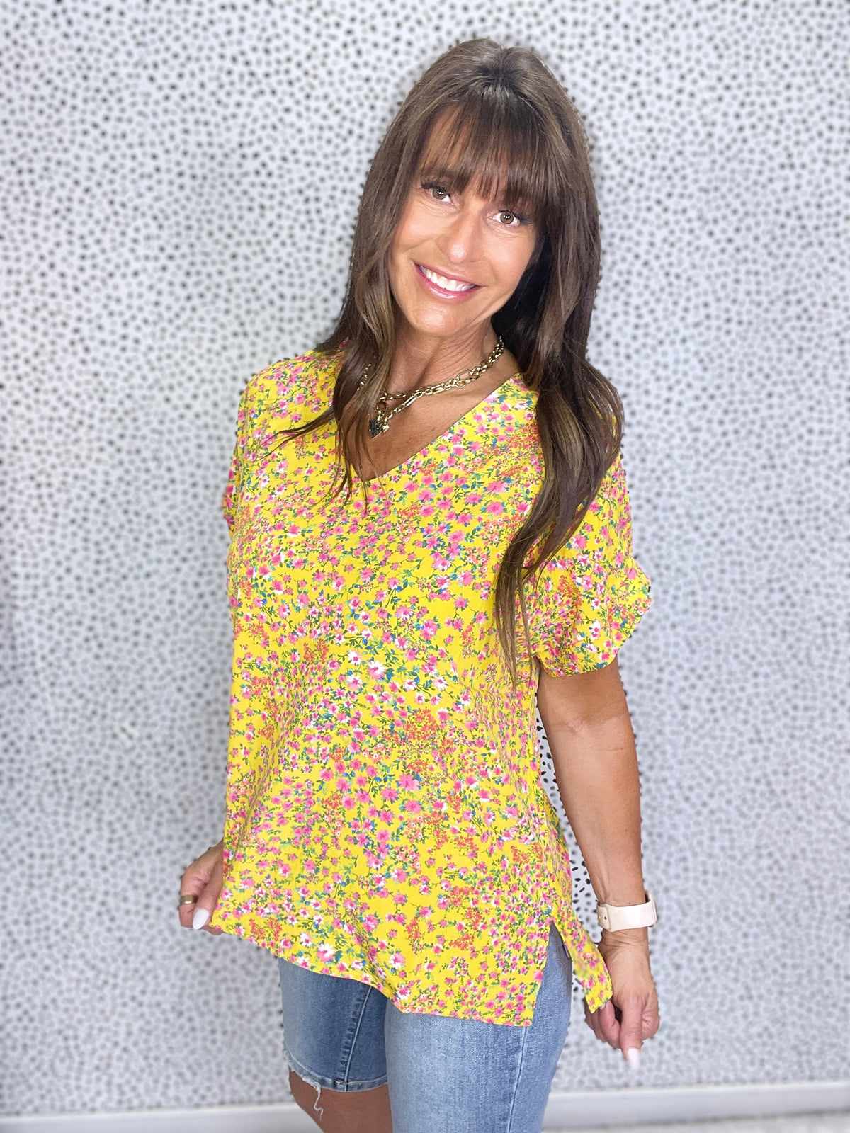 Breezy Bloom V-Neck Blouse in Marigold