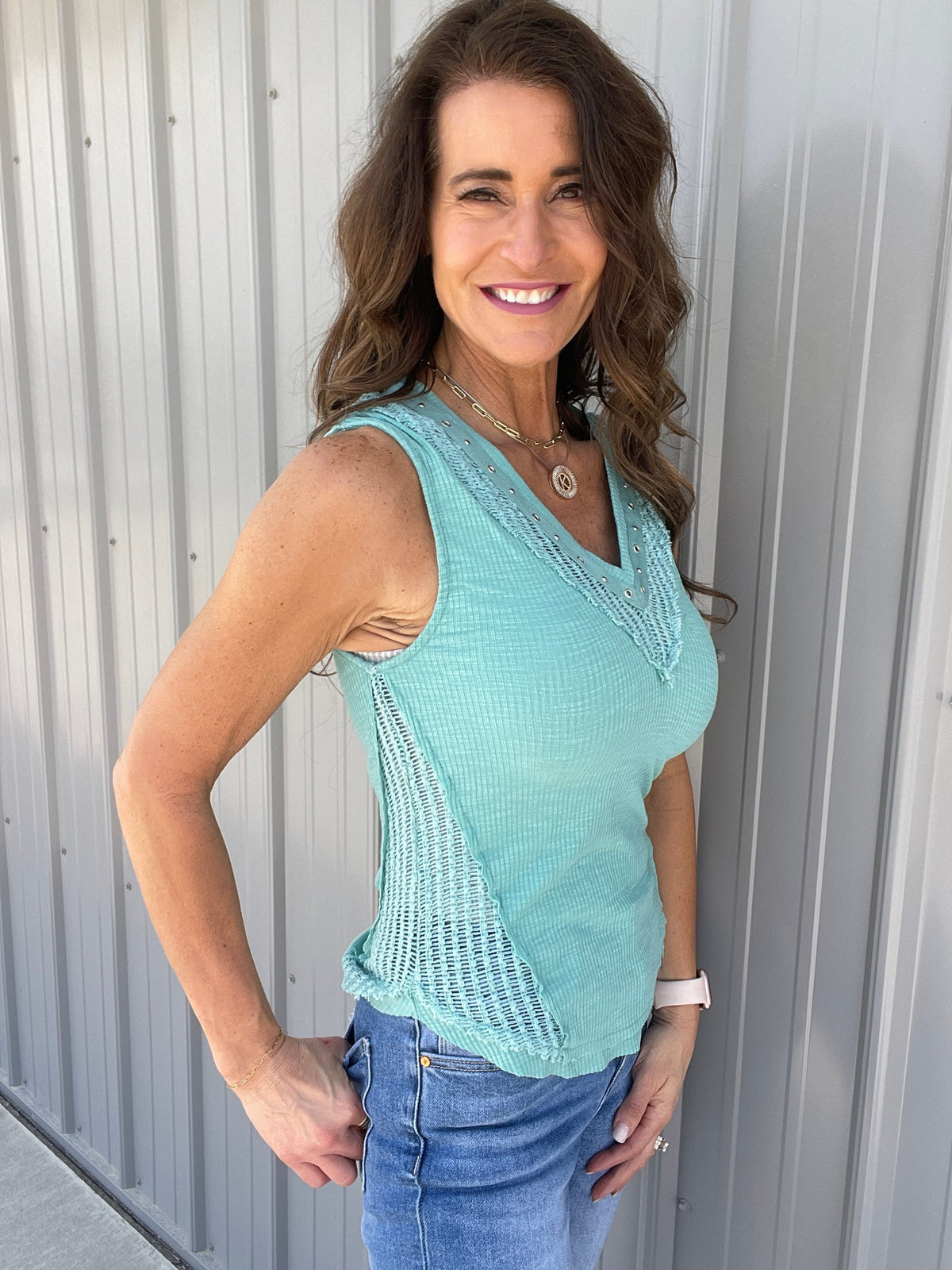 Pol Rock And Roll Sleeveless Top In Teal Blue *Final Sale*