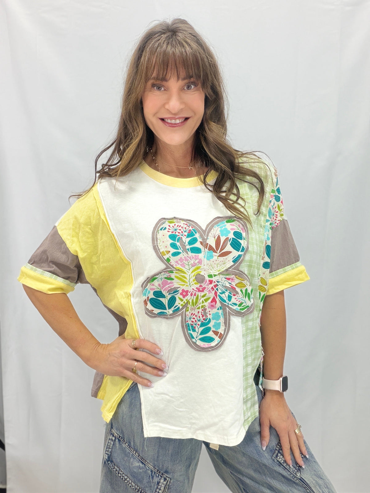 Patchwork Dream Flower Patch Soft Washed Cotton Slub Top In 4 Colors